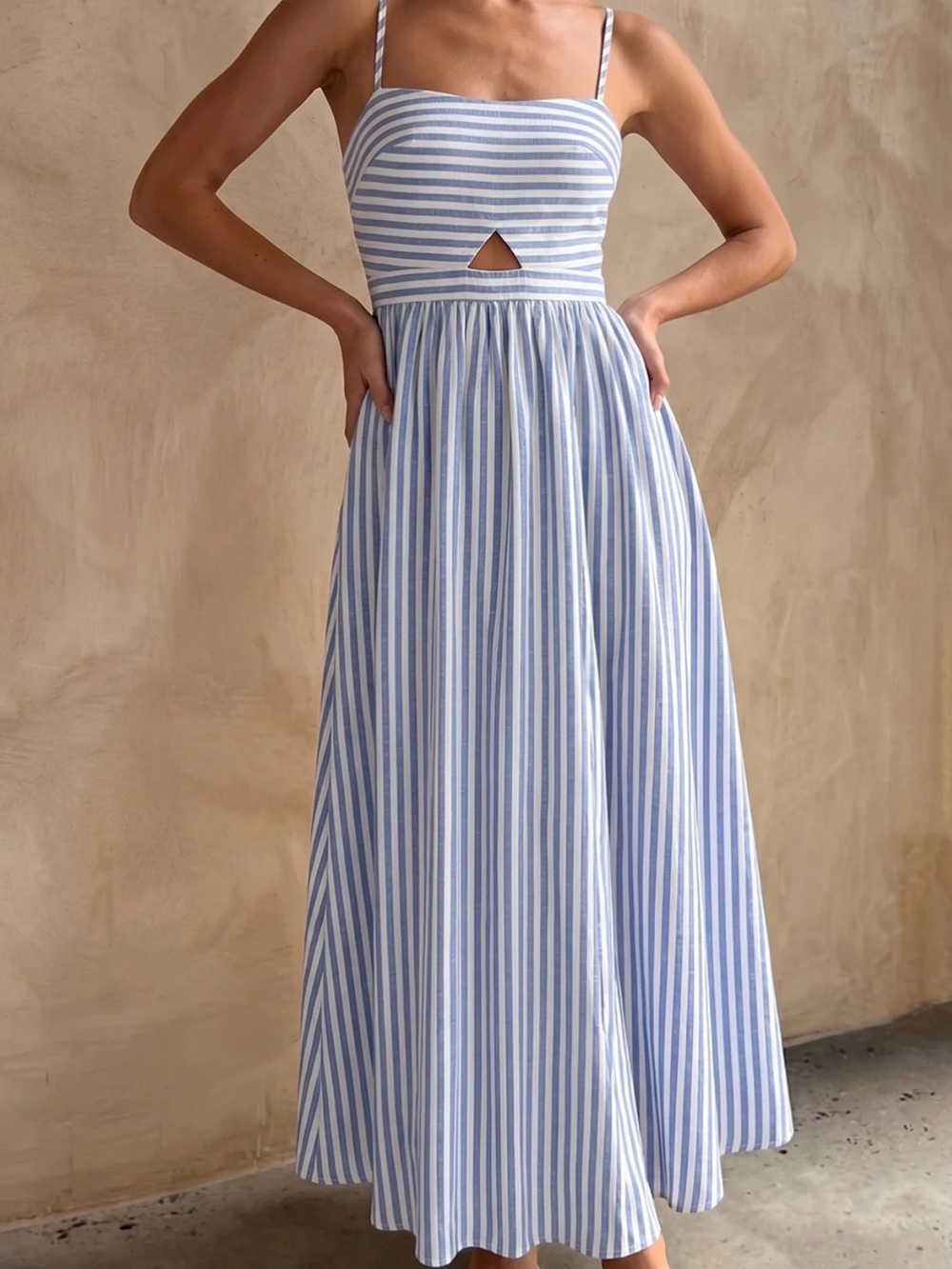 Commense Blue and White Striped Maxi Dress with Front Cutout